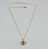 Gold Nazar Göz Figürlü Taşlı Çelik Kolye – Kararmaz, Ayarlanabilir, 40+5 cm (1 mm Zincir)
