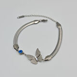 Kelebek Figürlü Gümüş Renk Çelik Bileklik – Nazar Detaylı, Ayarlanabilir Uzunluk (19+6 cm, 5 mm Zincir)