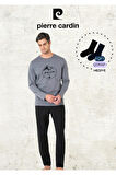 Erkek %100 Pamuk Uzun Kollu Desenli Siyah Pijama Takımı (2 Adet Hediye Çorap) L1.PC.6097.001