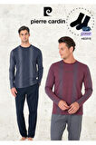 Erkek %100 Pamuk Uzun Kol Çizgi Detaylı Lacivert & Bordo İki Adet Pijama Takımı L1.PC.6105.002