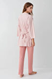 Kadın Modal Kutulu 3 Parça Desenli Pembe Sabahlık & Pijama Takımı Set L1.PC.908.2.001