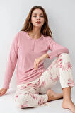 Kadın Giyim Düğme Detaylı Modal & Pamuk Uzun Kol 2'li Pembe Pijama Takımı L1.PC.9055.001