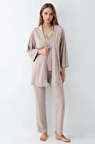 Kadın Giyim Modal 3 Parça Vizon Sabahlık & Pijama Takımı L1.PC.9099.001