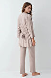 Kadın Giyim Modal 3 Parça Vizon Sabahlık & Pijama Takımı L1.PC.9099.001