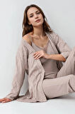 Kadın Giyim Modal 3 Parça Vizon Sabahlık & Pijama Takımı L1.PC.9099.001