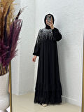 Nazenin Altı Fırfırlı Üstü Taşlı Abaya-GE752 Siyah
