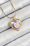 316L Çelik Zincir Mor Sanatsal Portre İnci Detaylı Papatya Figürlü Kalp Model Gold Renk Kadın Kolye