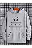 Kulaklık Baskılı Kapüşonlu Cepli Sweatshirt