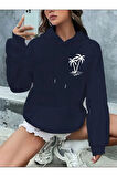 Palmiye Baskılı Cepli Kapüşonlu Sweatshirt