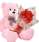 Sevimli 90 cm Peluş Ayı ile Premium Yumoş Kırmızı Peluş Ayıcık Buketi