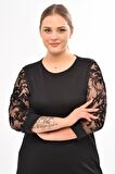 Flok Kol Büyük Beden Siyah Elbise 19E-2077