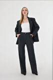 Kadın Siyah Poliviskon Blazer Ceket Pantolon Takım