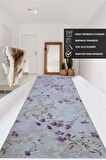Elit Lila Kahve Çiçekli Kabartmalı Kaymaz Taban Yıkanabilir Kesme Yolluk Halı