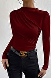 Dodes Kadın Bordo Belden Ve Boyundan Büzgü Detaylı Uzun Kollu Bluz