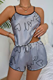 Dodes Love Baskılı Gri Saten Şortlu Gecelik Takım