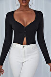 Dodes Kadın Siyah Uzun Kollu Düğmeli Göğüs Ve Göbek Dekolteli Crop Top Bluz