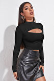 Dodes Kadın Siyah Göğüs Dekolteli Uzun Kollu Cut Out Crop Top Bluz