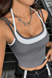 Dodes Kadın Antrasit Gri Beyaz Çift Renk Çapraz Askılı Crop Top Bluz