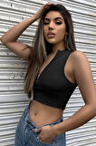 Dodes Kadın Siyah Yarım Fermuarlı Sıfır Kol Crop Top Bluz