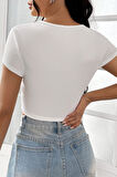 Dodes Kadın Beyaz Yarım Kol Düz Yaka Crop Top Bluz
