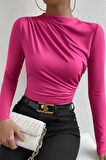 Dodes Kadın Fuşya Belden Ve Boyundan Büzgü Detaylı Uzun Kollu Bluz