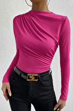 Dodes Kadın Fuşya Belden Ve Boyundan Büzgü Detaylı Uzun Kollu Bluz