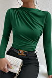 Dodes Kadın Yeşil Belden Ve Boyundan Büzgü Detaylı Uzun Kollu Bluz