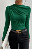 Dodes Kadın Yeşil Belden Ve Boyundan Büzgü Detaylı Uzun Kollu Bluz