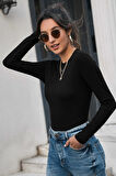 Dodes Kadın Siyah Uzun Kollu Fit Basic Crop Top Bluz