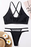 Dodes Kadın Siyah File Detaylı Özel Bikini Takımı