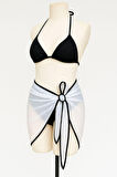 Dodes Kadın Siyah Beyaz Pareolu Yandan Ve Boyundan Bağlamalı 3'lü Bikini Takımı