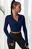 Dodes Kadın Lacivert Uzun Kol Fermuarlı Parmak Geçme Detaylı Dik Yaka Crop Top Bluz