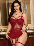 Dodes Kadın Bordo Dantelli Transparan Büyük Beden Fantezi Gecelik Takımı 8002