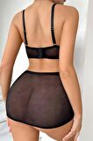 Peluş Detaylı Gecelik - Siyah - 2XL/3XL
