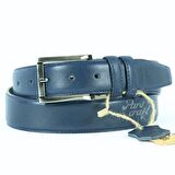 Hakiki Deri Erkek Kemer 3,5 cm Dikişli Lacivert Klasik Kumaş Pantolon Kemeri