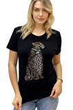 Kaplan Crystal Taşlı Büyük Beden Regular Fit Plus Size Beyaz Şık Kadın T-shirt