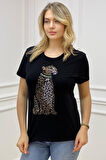 Kaplan Crystal Taşlı Büyük Beden Regular Fit Plus Size Beyaz Şık Kadın T-shirt