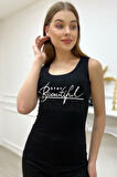 Kadın Slim Fit Beautiful Yazılı Crystal Taşlı Şık Kadın Atlet Kolsuz Tshirt