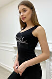 Kadın Slim Fit Beautiful Yazılı Crystal Taşlı Şık Kadın Atlet Kolsuz Tshirt