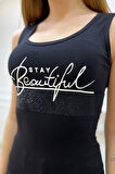 Kadın Slim Fit Beautiful Yazılı Crystal Taşlı Şık Kadın Atlet Kolsuz Tshirt