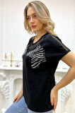 Rahat Kalıp Büyük Beden Zebra Crystal Taşlı Beyaz Kadın Şık Pamuk T-shirt