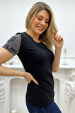 Kolu Crystal Taşlı Bisiklet Yaka Slim Fit Pamuk Beyaz Kadın T-shirt