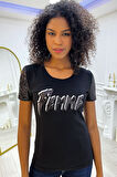 Payetli Femme Yazılı Bisiklet Yaka Kısa Kol Pamuk Kadın T-shirt