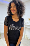 Payetli Femme Yazılı Bisiklet Yaka Kısa Kol Pamuk Kadın T-shirt