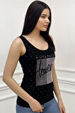 Heaven Crystal Taş Baskılı Dar Kesim / Slim Fit Pamuk Kadın Şık Atlet Kalın Askılı Kolsuz T-shirt