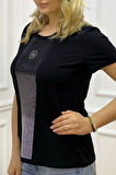 Bisiklet Yaka Crystal Taşlı Büyük Beden Plus Size Pamuk Şık Rahat Siyah Kadın T-shirt