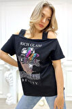 Büyük Beden Siyah Omuzları Açık Baskılı Crystal Taşlı Pamuk Kadın T-shirt