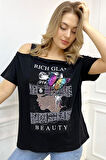 Büyük Beden Siyah Omuzları Açık Baskılı Crystal Taşlı Pamuk Kadın T-shirt