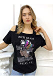 Büyük Beden Siyah Omuzları Açık Baskılı Crystal Taşlı Pamuk Kadın T-shirt