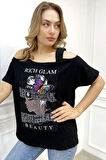 Büyük Beden Siyah Omuzları Açık Baskılı Crystal Taşlı Pamuk Kadın T-shirt
